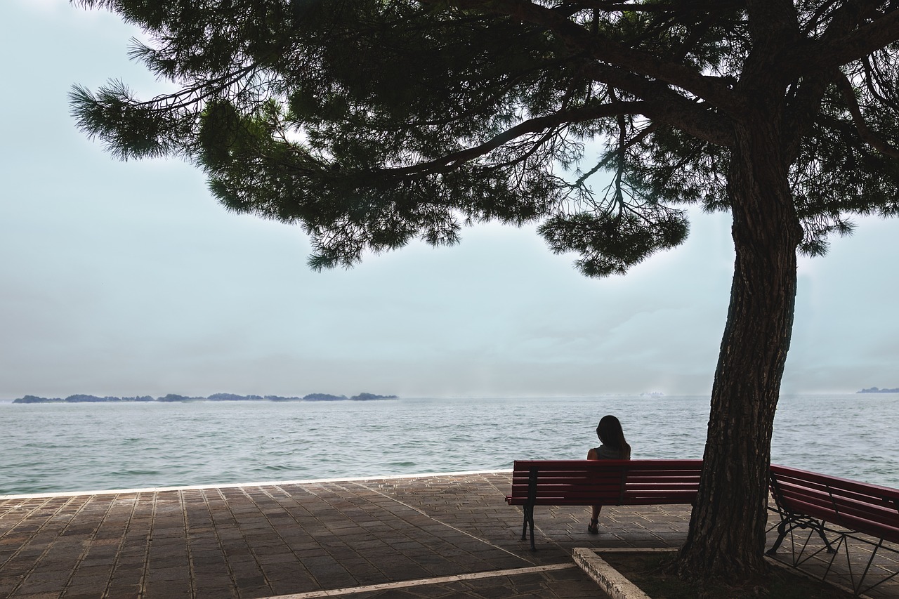 woman, bench, sea